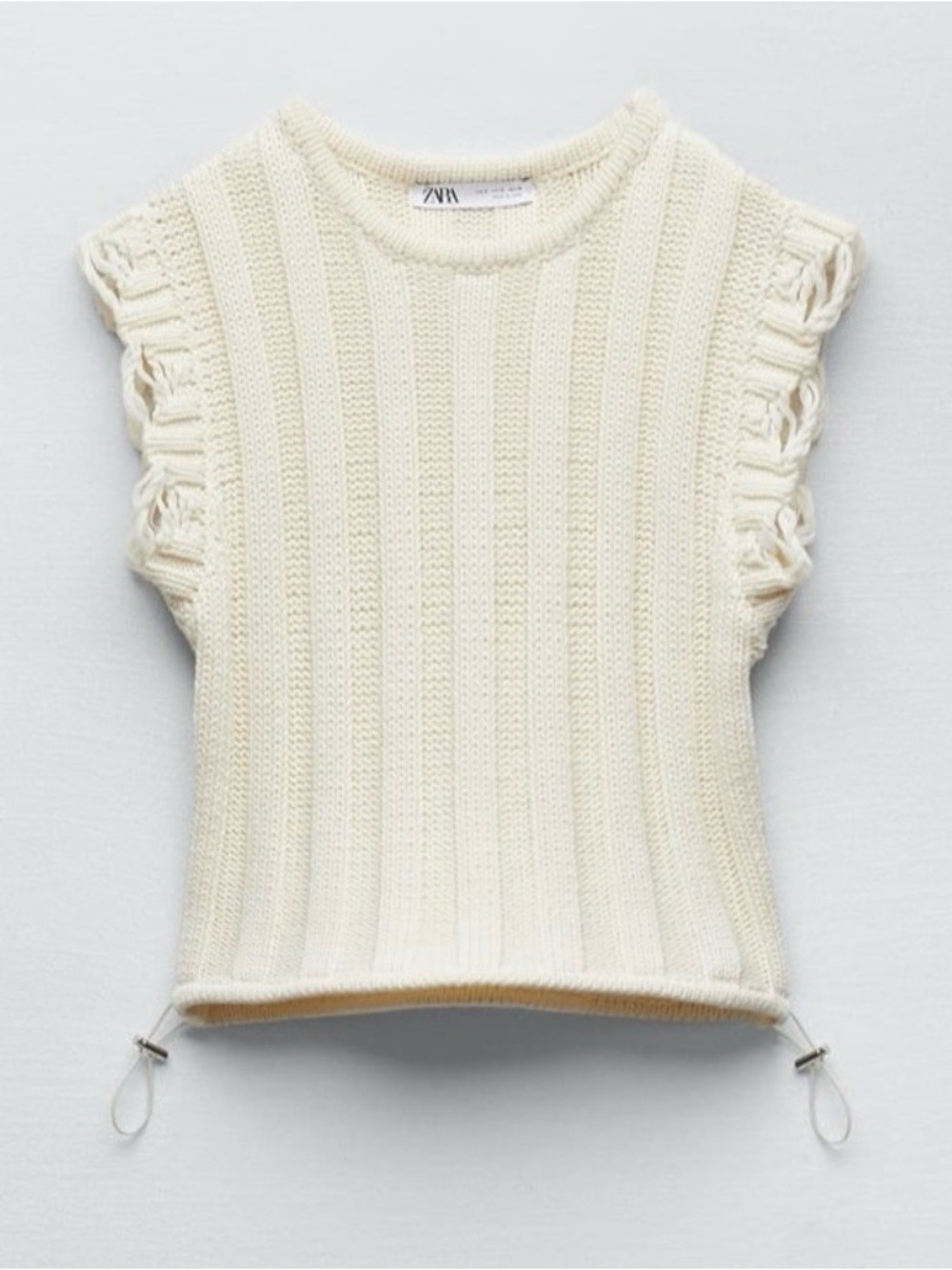 ZARA CREAM KNIT CROP TOP W/ DRAW STRING AT HEM DISTRESSED CAPPED SLEEVES SZ M - Picture 2 of 7